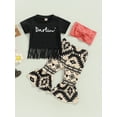 thumbnail image 3 of Kids Girls Summer Outfits 6 12 18 24M 3 4T Letters Print Short Sleeve T-shirt with Tassels and Casual Flare Pants Headbands Set, 3 of 9