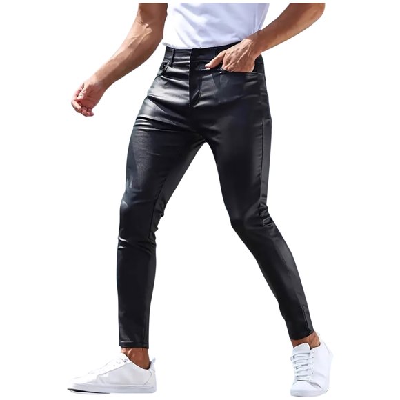 Fankiway Men's Outdoor Casual Fashion Solid Color Slim Leather Pants Comfortable Stylish Long Trousers Wear Black S