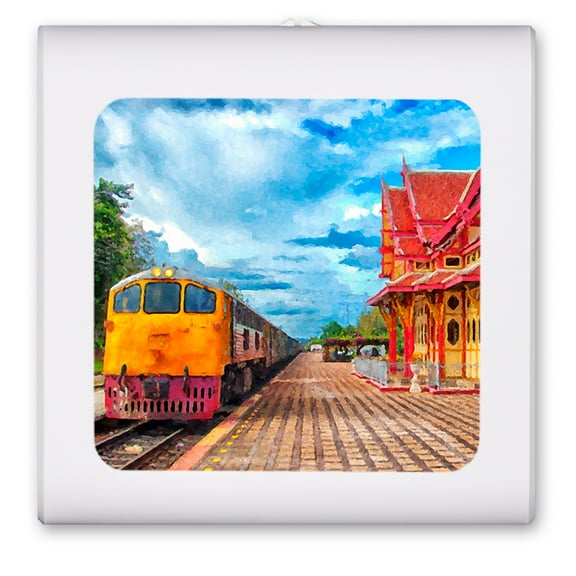 Plug in Dimmable LED Night Light with Dusk to Dawn Auto Sensor, Adjustable Brightness, Warm Light, Auto On/Off Nightlight for Bathroom, Hallway, Nursery, Bedrooms - Train Painting