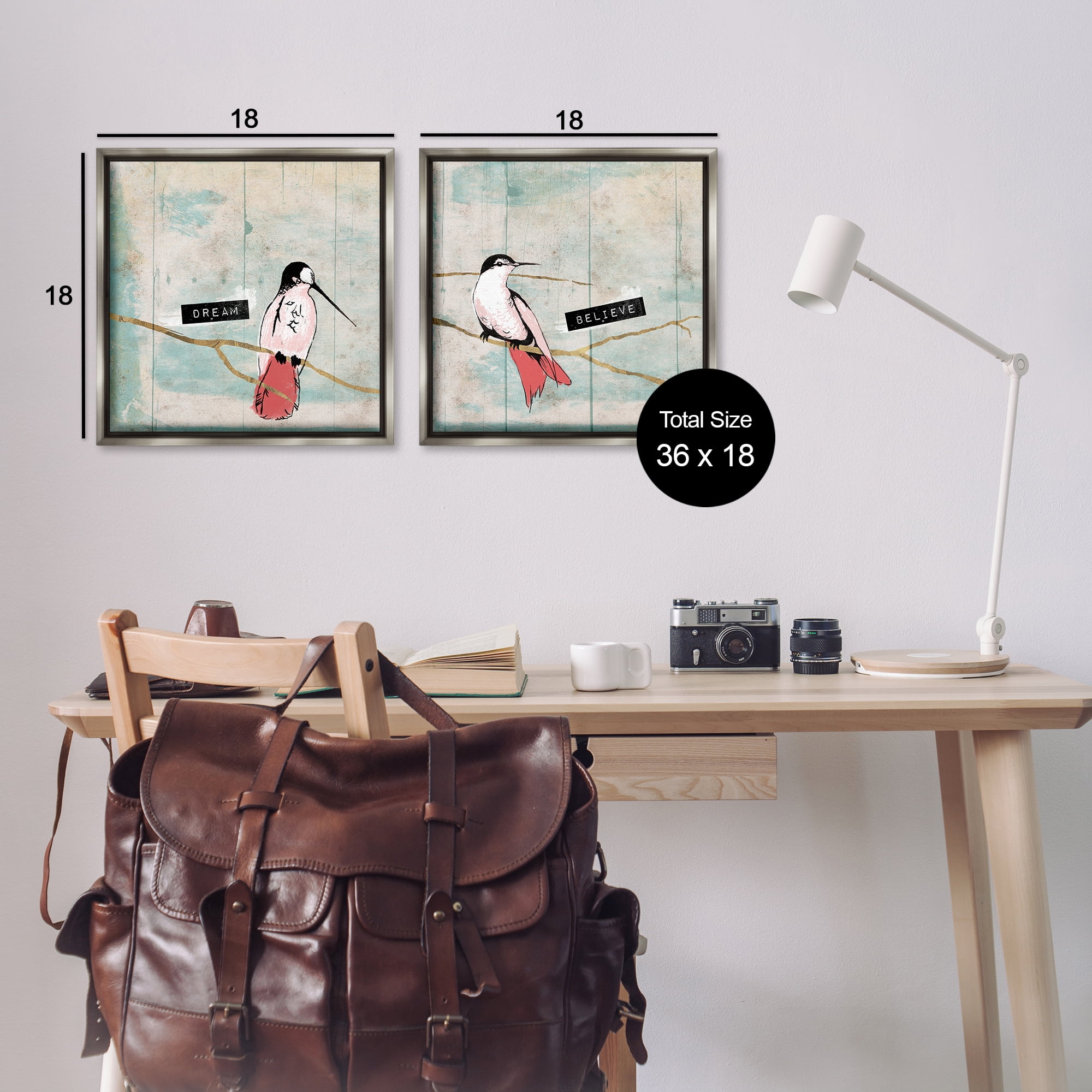 Stupell Industries Dream Believe Hummingbird Branch Animals Painting Gray Floater Framed Canvas Art Print Wall Art, 18 x 18, Set of 2