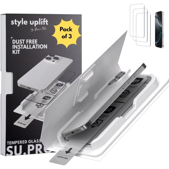 Style Uplift SU - iPhone 16 Pro (6.3") 3 Pack 9H Strong Ultra HD Clear Screen Protector, Dust Free, Anti-Scratch, Bubble Free, Case-Friendly, Easy Installation Kit, Tempered Glass for iPhone 16 Pro
