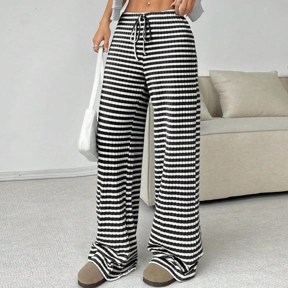 Juslio Womens Cotton Pants Elastic Waist Striped Cotton High,Waist Casual Straight Leg Pants L