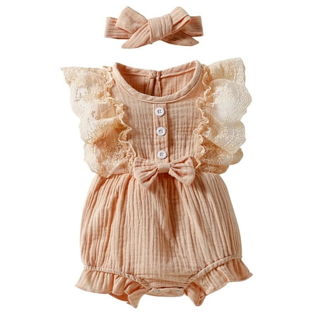 

TheFound Newborn Baby Girls Clothes Ribbed Lace Flutter Sleeve Romper Jumpsuit Bodysuit+Headband Summer Outfits