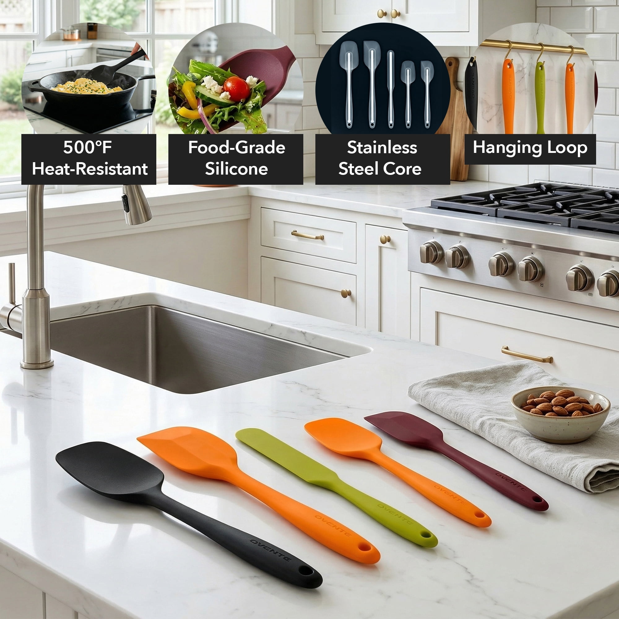 OVENTE Silicone Spatula Set of 5, Heat Resistant, Multicolor SP12305LBGOPR | Food Grade Rubber Spatula, BPA-Free and Dishwasher Safe, Nonstick Kitchen Utensils for Baking, Cooking and Mixing