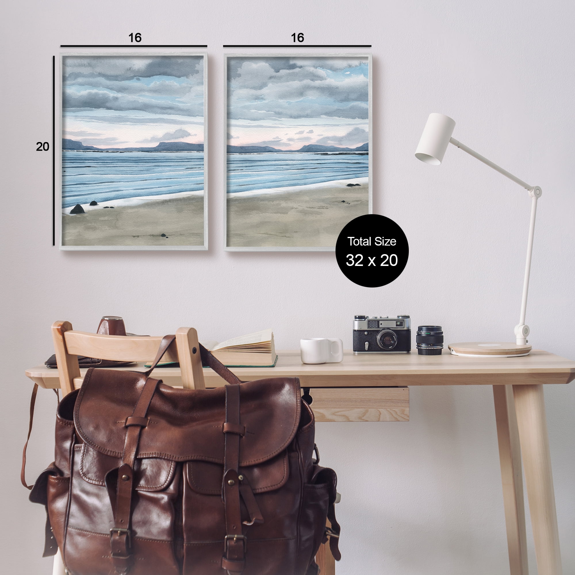 Stupell Cloudy Summer Beach Shore Watercolor Landscape Painting Gray Framed Art Print Wall Art, Set of 2