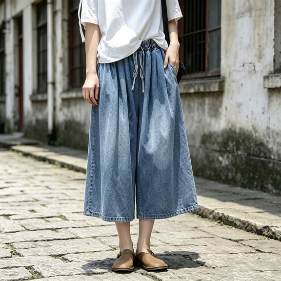 WAGUTH Women's Oversized Elastic Waist Denim Culottes Wide Leg Loose Drawstring Cropped Jeans with Pockets for Casual & Streetwear