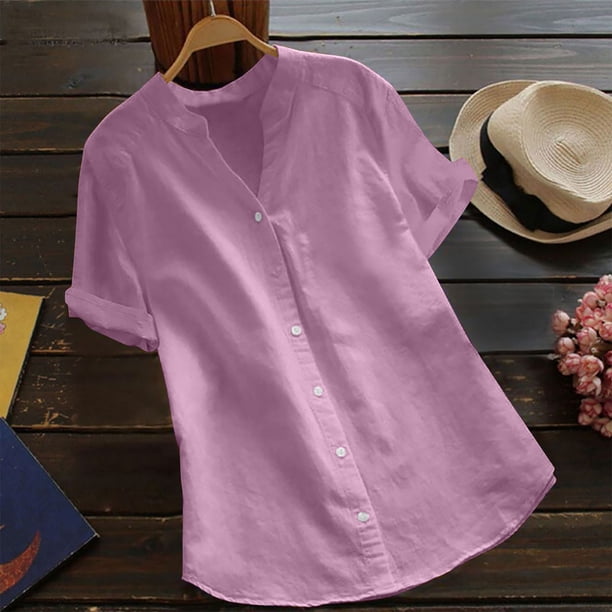 Fiudx Liquidación de Ahorros de Verano Camisa con Botones de Lino y Algodón de Imitación con Cuello En V y Manga Corta de Color Liso para Mujer Top/Camisa de Manga Corta con Cuello En V