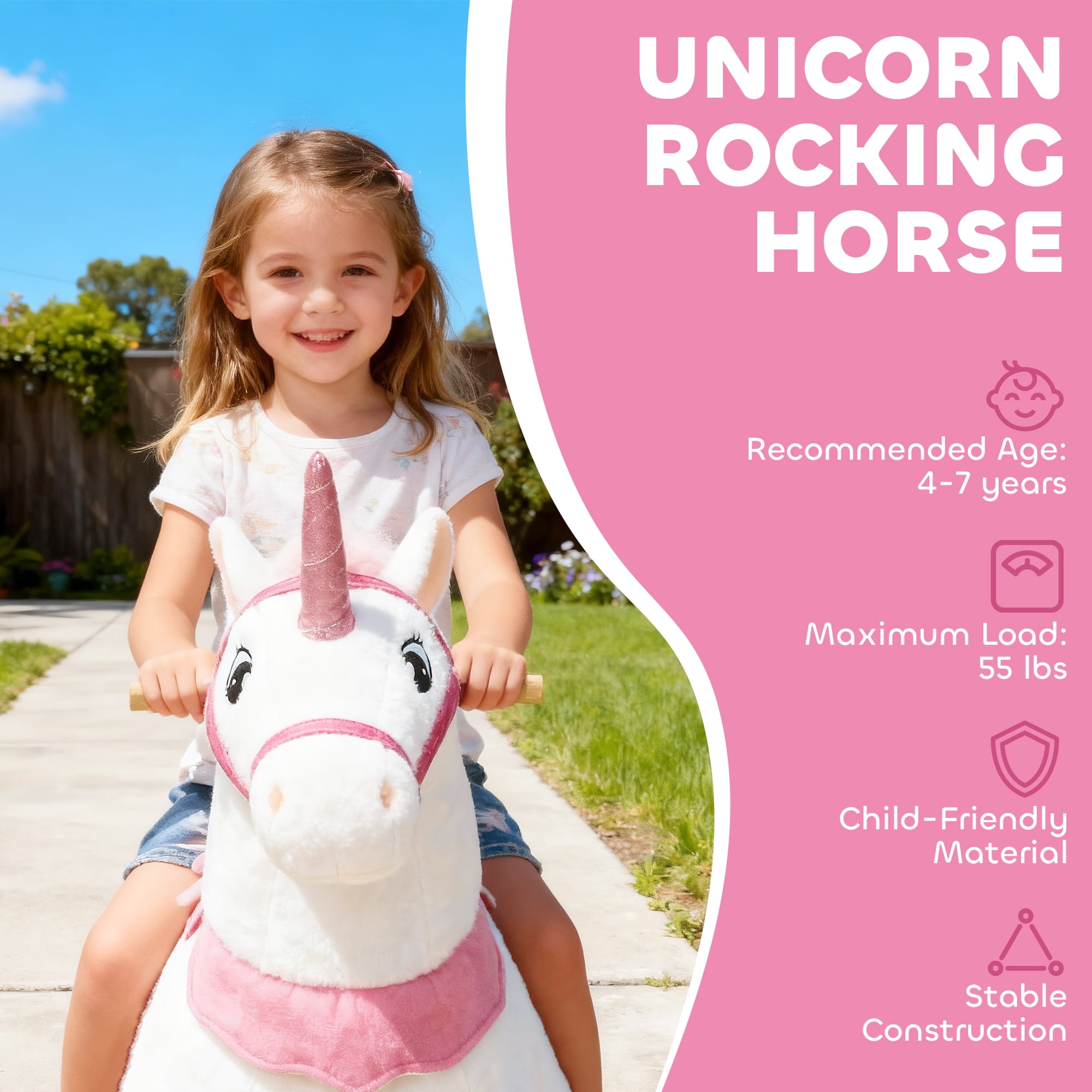 Qaba Ride on Unicorn Toy for Kids 4-7 Years, 37.8 Inch Plush Baby Rocking Horse, Mechanical Walking Animal with Wheels, No Batteries Required, White