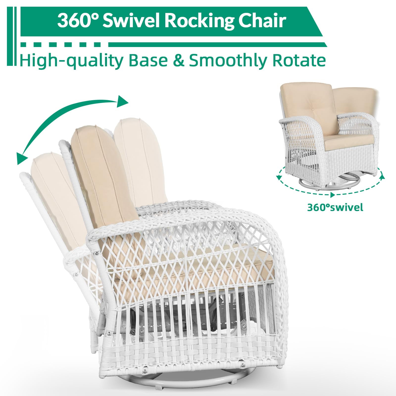 VIVIJASON 3-Piece Outdoor Conversation Bistro Set, Patio Swivel Glider Rocking Chairs Rattan Furniture Sets w/ 2 White Rattan Chairs, Glass Top Side Table for Porch Backyard, Beige Cushions