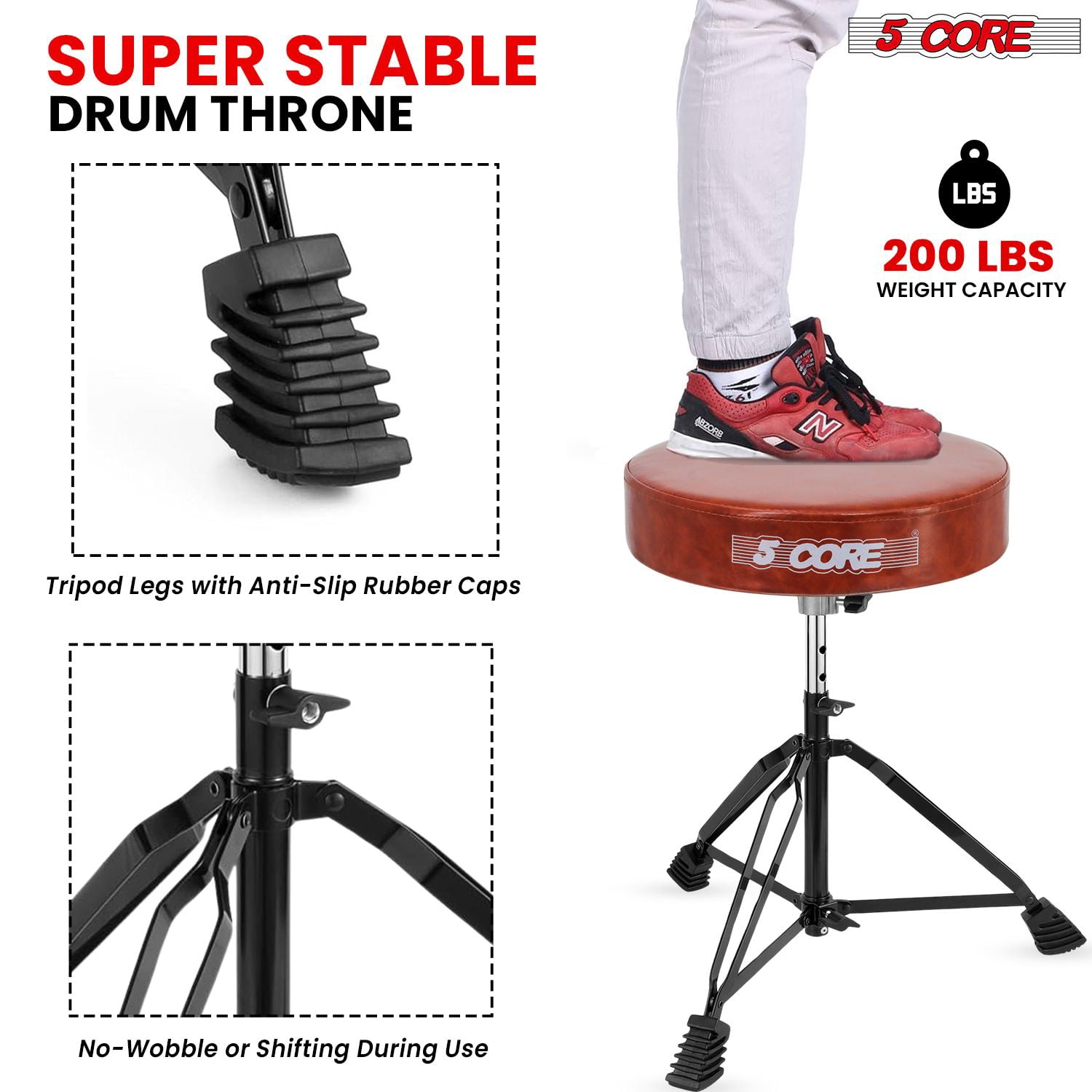 5 Core Drum Throne 3" Thick Padded Guitar Stool 200Lb Capacity Heavy Duty Adjustable Drummer Chair