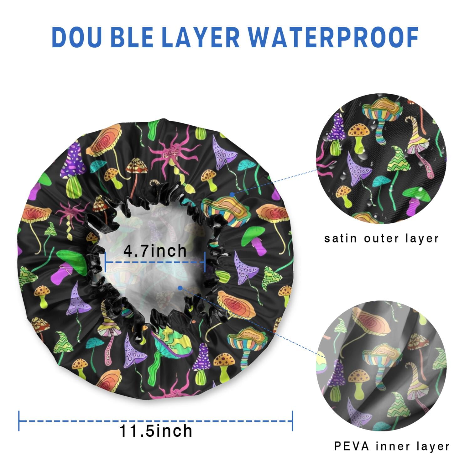 Shower Caps,Red Mushroom Black Pattern Waterproof Shower Cap for Women 4 Pieces,Double Reusable Hair Cover for Shower PEVA Elastic Stretch Hem