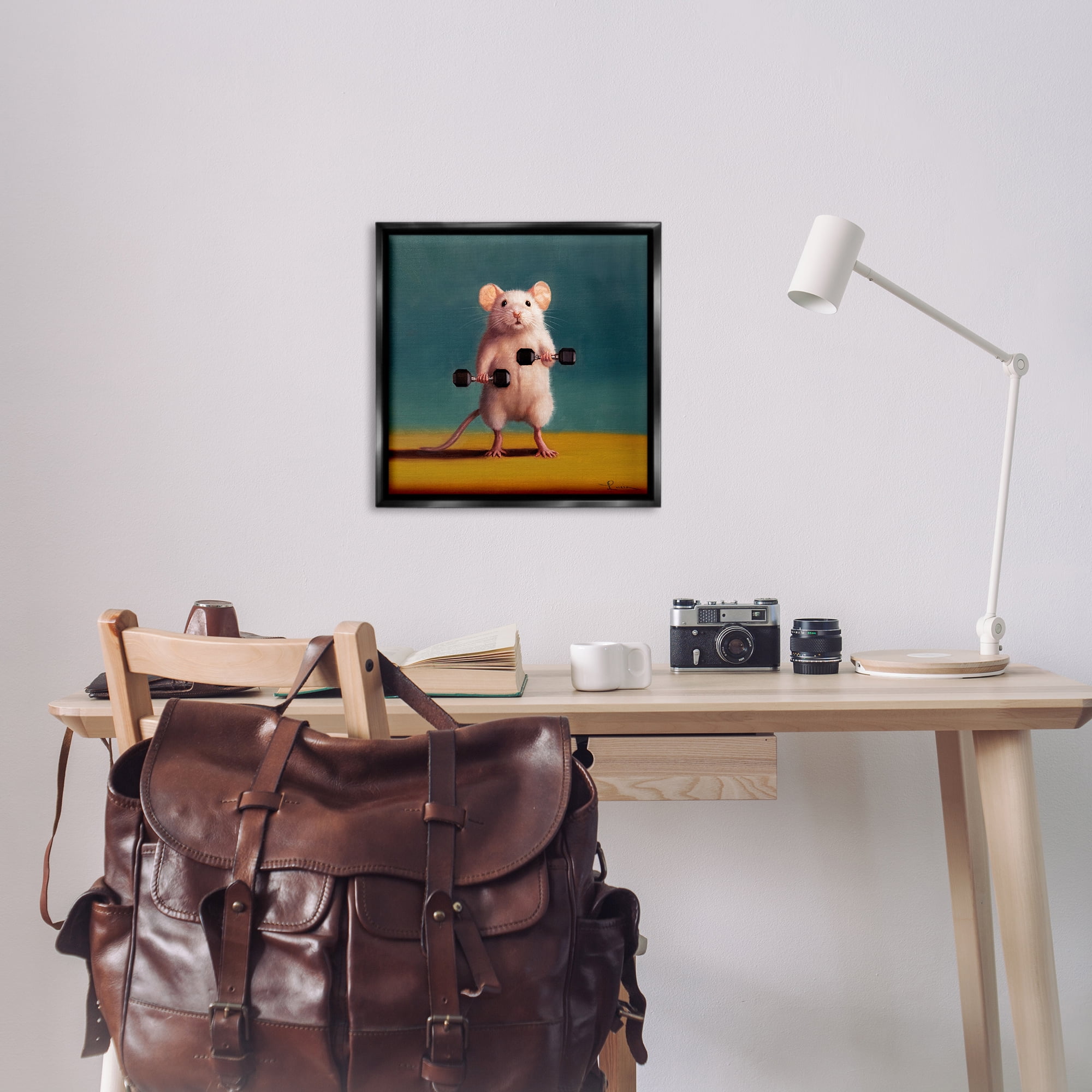 Stupell Industries Weight Lifting Mouse Animals Painting Black Floater Framed Canvas Art Print Wall Art, 25 x 25