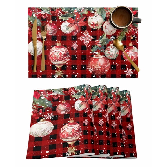 Placemats Set of 8, Red Christmas Balls Woven Placemat, Linen Place Mats for Kitchen/Dining Tables, Xmas Poinsettia Botanical Plaid Washable Table Mats for Party