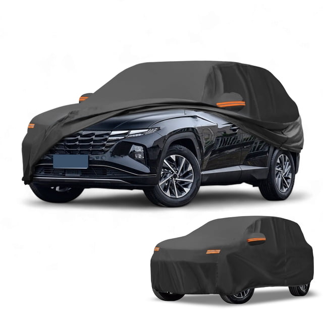 Funda para auto impermeable para todo clima, protección exterior completa contra el sol y la lluvia, con tiras reflectantes, negra para Hyundai Tucson