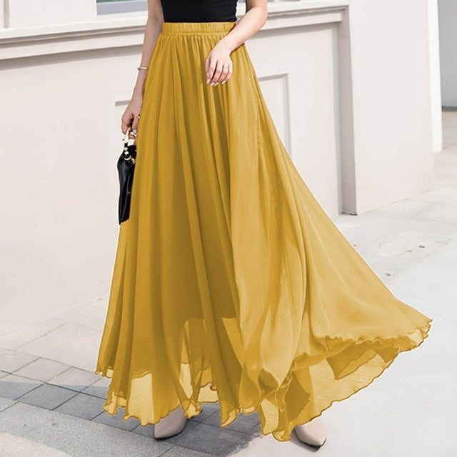 Ounisa Women Full/Ankle Length Elastic Pleated Retro Maxi Chiffon Long Skirt