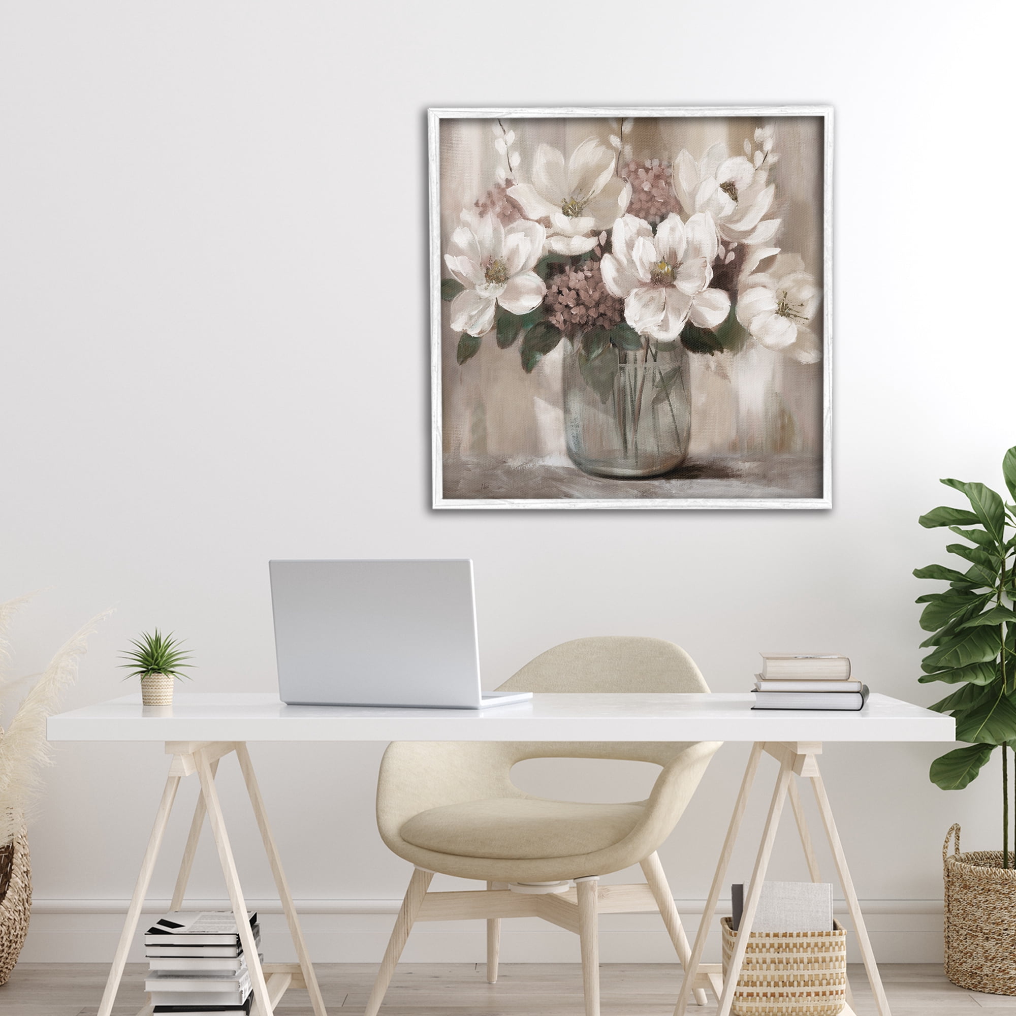 Stupell Industries Ivory Magnolias Vase White Framed Giclee Art, design by Nan
