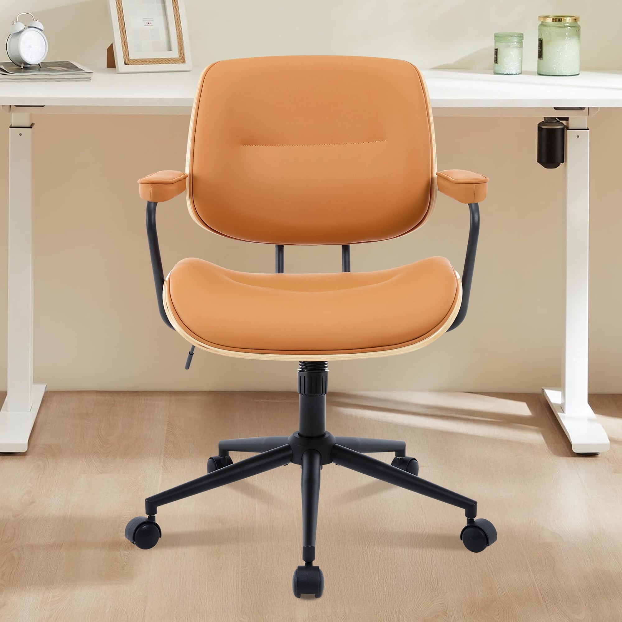 Mid Century Modern Home Office Chair, Adjustable Height Desk Chair with Wheel & Walnut Back, Swivel Rolling Task Chair for Home, Office, Reading Room, Orange