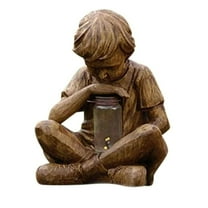 Nature Boy Firefly Jar Statue with Solar Light - Natural Sandstone Finish Resin Figurine for Garden, Indoor/Outdoor Easter Decor, Kids Christian Gift & Night Light Decorations