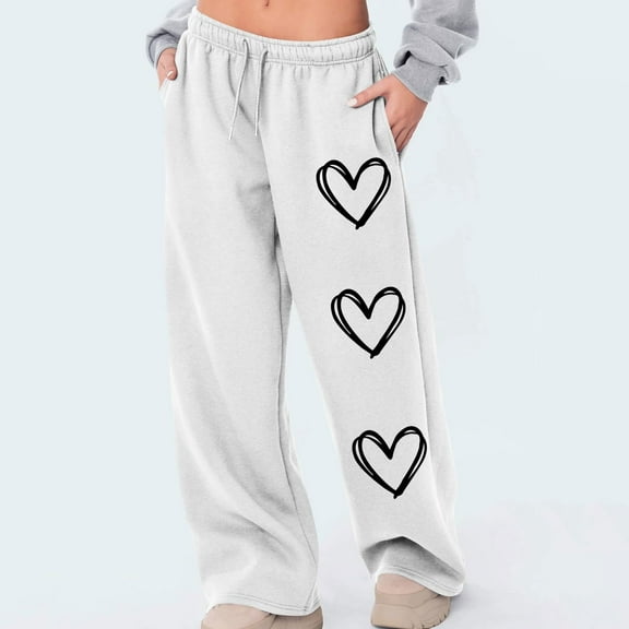 Caywon Women's Heart Printed Casual Sports Loose Sweatpants with Drawstring and Pockets Full Length Pants Stretchy Breathable Comfortable for Daily Sports Leisure Wear