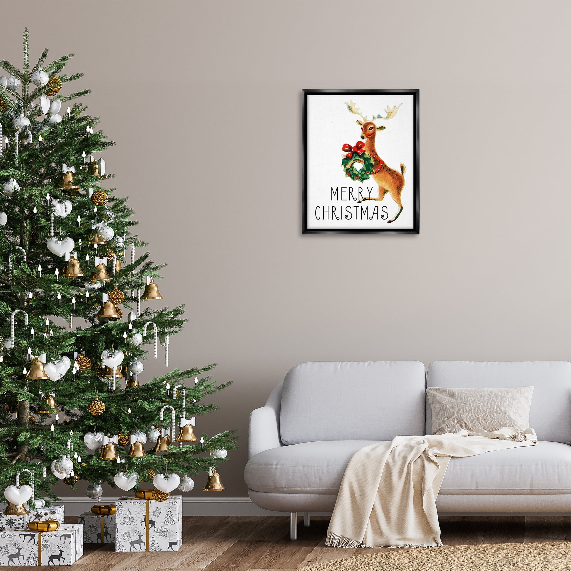 Stupell Industries Merry Christmas Reindeer Holiday Painting Black Floater Framed Art Print Wall Art, 25 x 31
