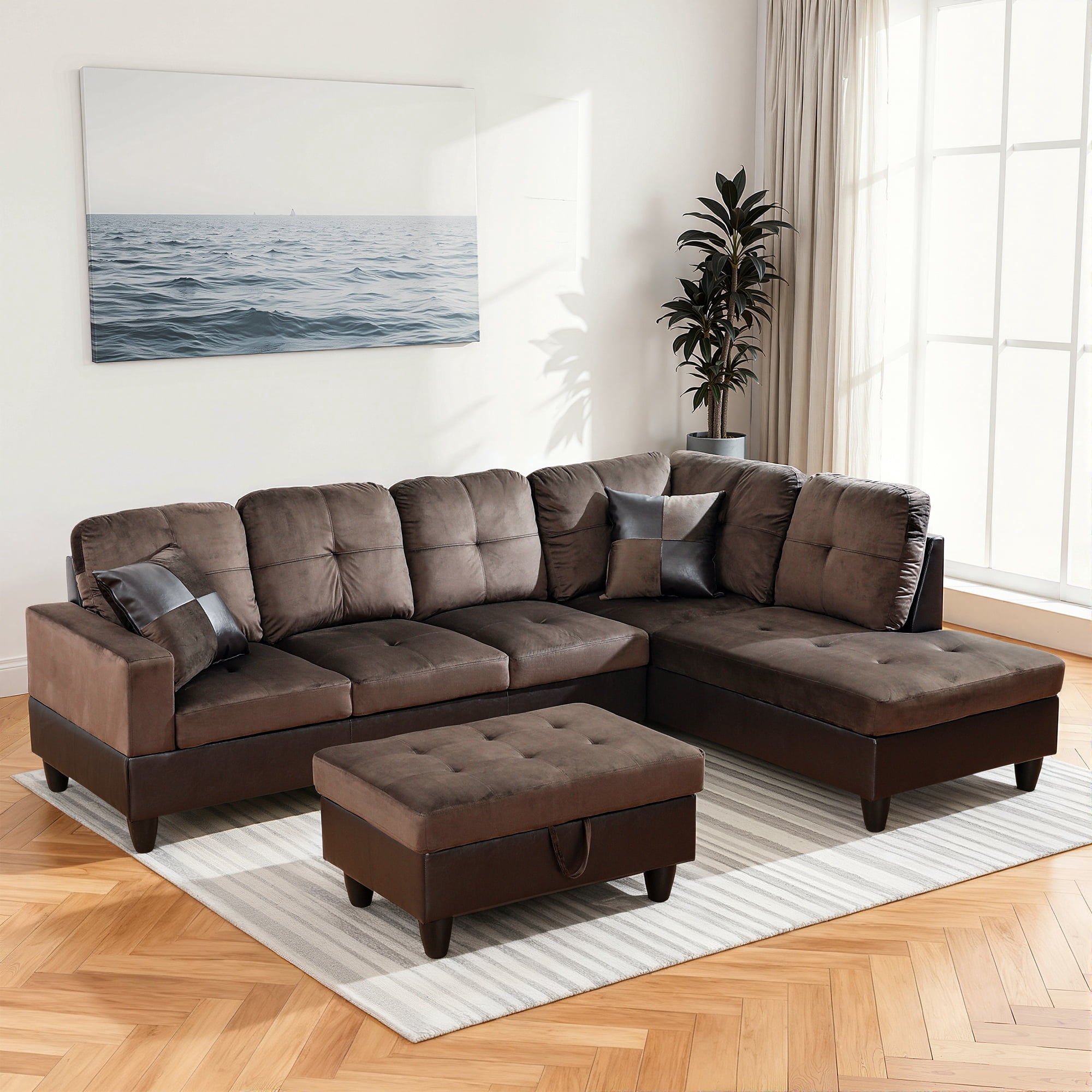 MAYEERTY 103.5" Modern Flannel PVC 3-Piece Couch Living Room Sofa Set，Dark Brown