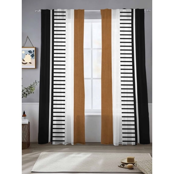 Vintage Farmhouse Sheer Curtains 2 Panels Set, 52" W x 84" L Leather Brown Black Texture Stripes Light Filtering Rod Pocket Voile Drapes, Window Sheer Curtains for Living Room/Bedroom