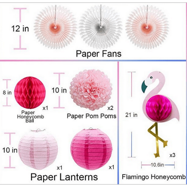 Décoration de Flamant Rose Tropical en Nid d'Abeille, Pompons Fleurs en Papier Papier Tissu Fan Lanternes en Papier pour Fête de Plage d'Été Hawaïenne