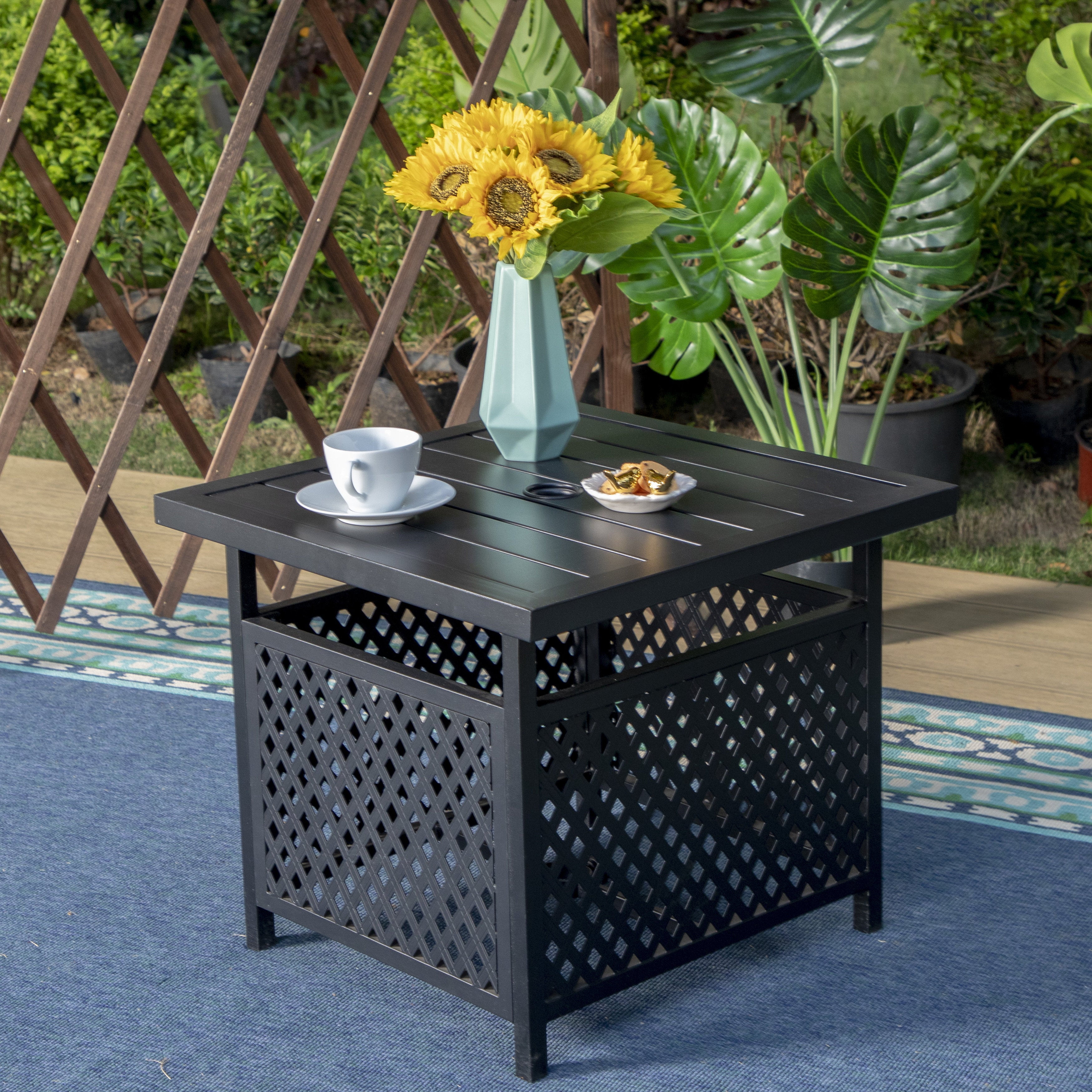 SUMMT LIVING 4-Piece Outdoor Conversation Set with 9 ft Umbrella, Side Table & Two Stack-able Chairs, Black & Beige