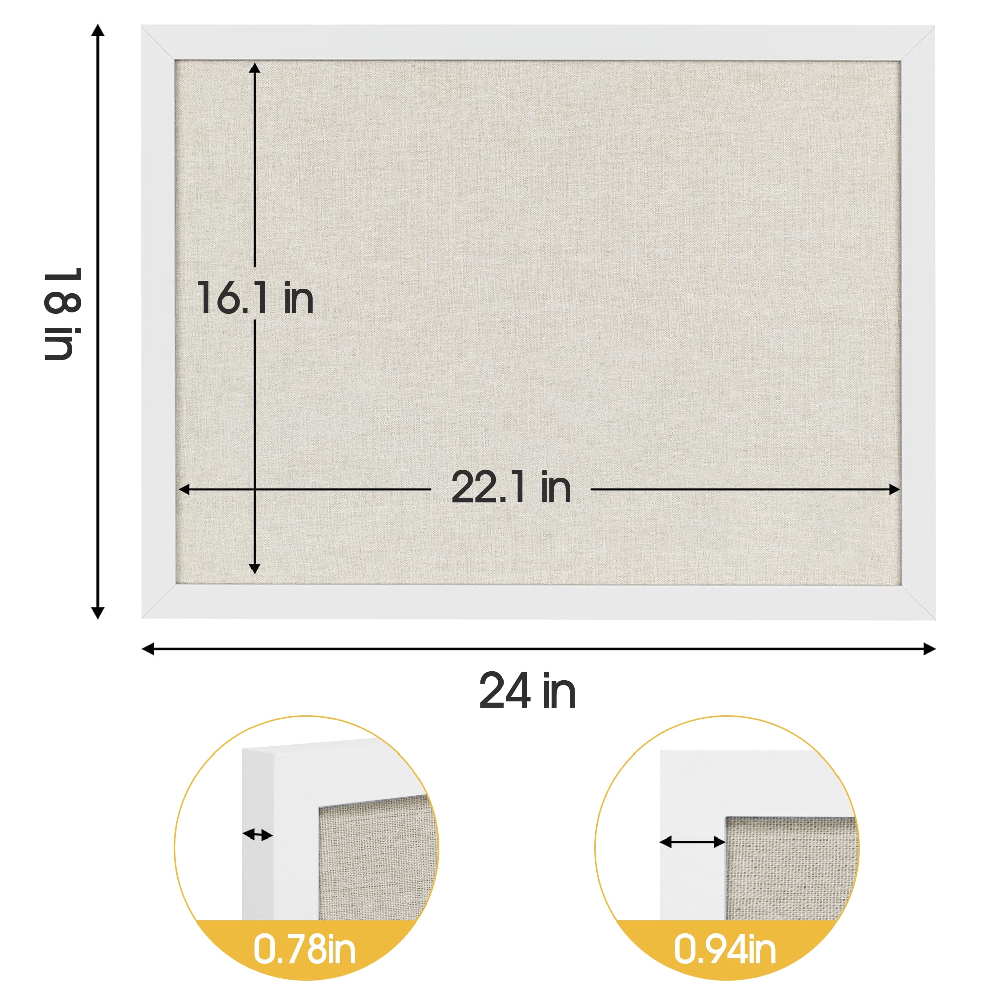 24" x 18" Bulletin Board with Linen Wood Frame Cork Board with 20 Pushpins, Wall and Office Decor for School, Home & Office, White