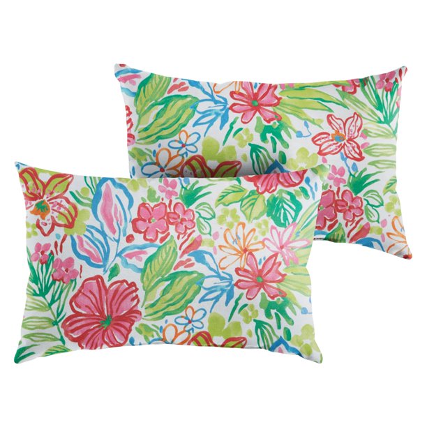 Mozaic Company Sunbrella Outdoor Pink and Red Floral Lumbar Pillow