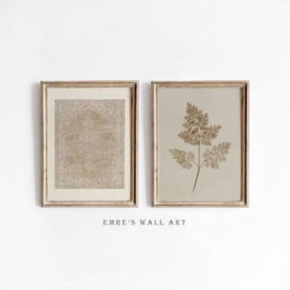 Antique Botanical Beige Wall Art Set of 2, Textile Pattern Leaf Prints, Poster Only