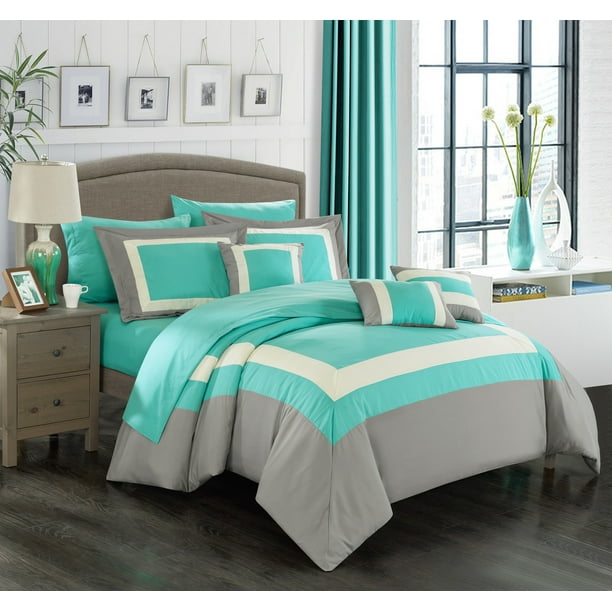 Chic Home 10Piece Darren CompletePieced color block bedding, sheets collection Queen Turquoise