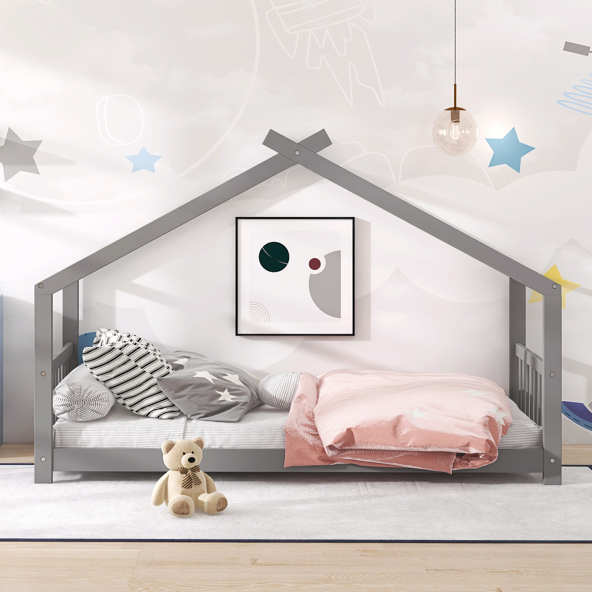 AUKFA House Twin Wood Canopy Beds for Kids Teens - Toddler Floor Bed Twin Platform Bed - Kids Bedroom Furniture - Gray