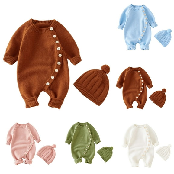 THDHVS Unisex Newborn Clothes,Toddler Outfits for Girls,Newborn Girl Outfits Unisex Newborn Knit Clothes 2-PC Set Long Sleeve Bodysuit with Hat Solid Color Infant Outfits Coffee 0-3 Months