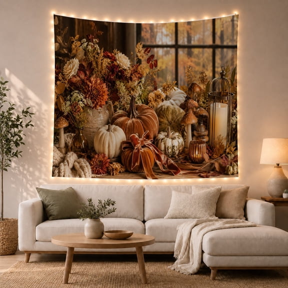 Pumpkins and Lantern Before Autumn Window, Cozy Rustic for Farmhouse Decor Lovers, Harvest Wall Art, Thanksgiving Hostess Gift, Tapestry Wall Hanging for Dining Room and Entryway