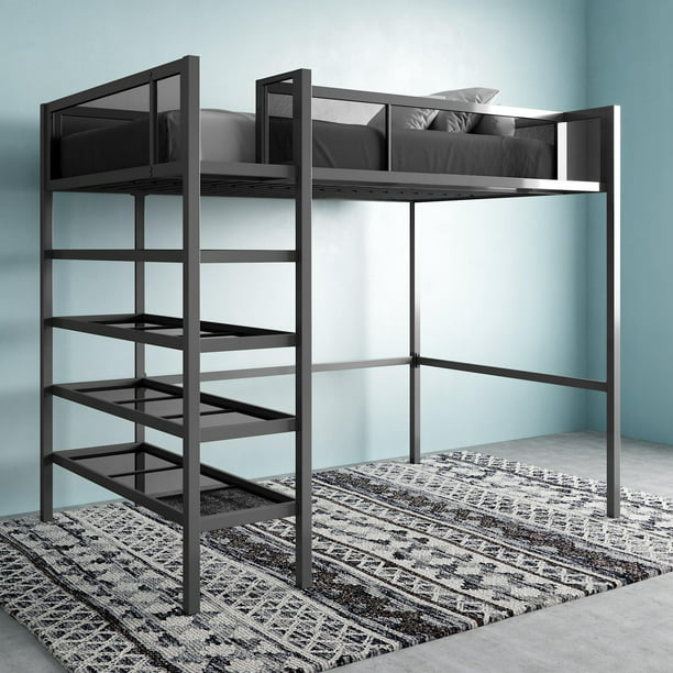 Mainstays Metal Storage Loft Bed With Book Case Twin Bunk Black Walmart Com Walmart Com