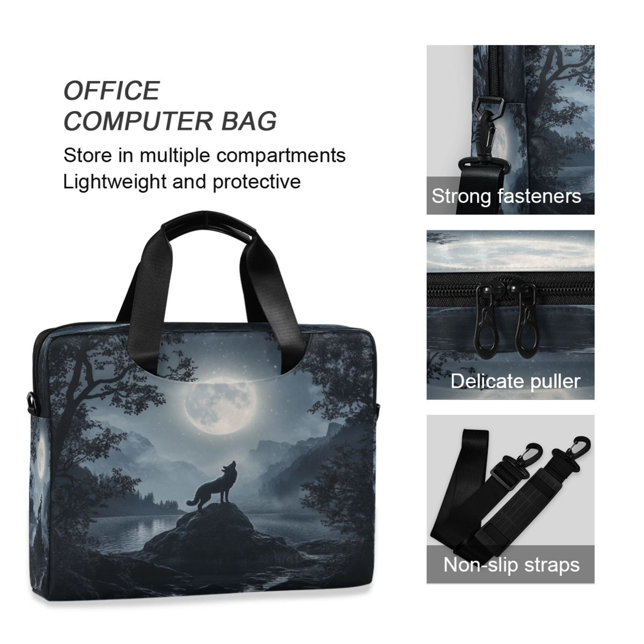 16" Laptop Tote Bag Laptop Sleeve Case Computer Briefcase for Work & Travel Wolf Howling at The Moon