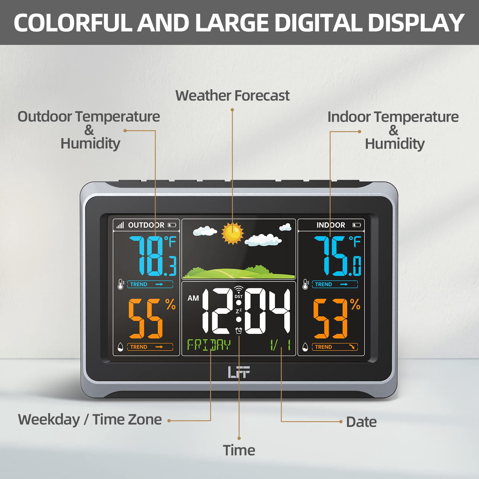 Weather Stations Wireless Indoor Outdoor, LFF Weather Station Indoor Outdoor Thermometer Wireless, Color Display Digital Weather Thermometer with Atomic Clock