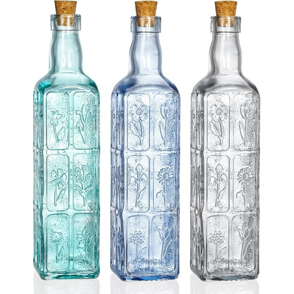3 Pack Vintage Vase with Corks, Embossed Colorful Glass Bottles, Decorative Colored Garden Glass Vase, Large Size Wine Bottle for Centerpiece Garden Decor, Bottle Tree, 18 OZ