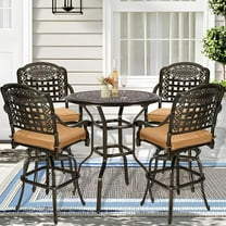 SOCIALCOMFY 5 Piece Patio Cast Aluminum Bar Dining Set, Outdoor Free-Rust Patio Bar Table & Chairs Set, Include 4 Swivel Bar Stool Chairs & 35.4" Bar Height Table W/ 2" Umbrella Hole for Deck Garden