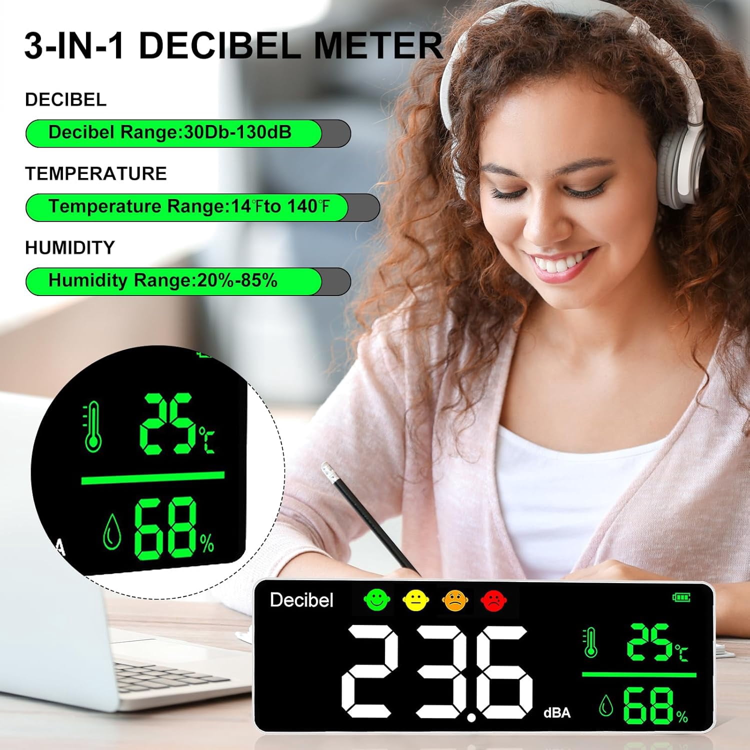 CATPAN 3-in-1 Decibel Meter Wall Hanging Sound Level Meter,11 Inch Classroom Noise Meter 30-130dB Range LED Display Noise Temperature Humidity Meter with Alarm Icons Indicator for Home,Studio,Factory