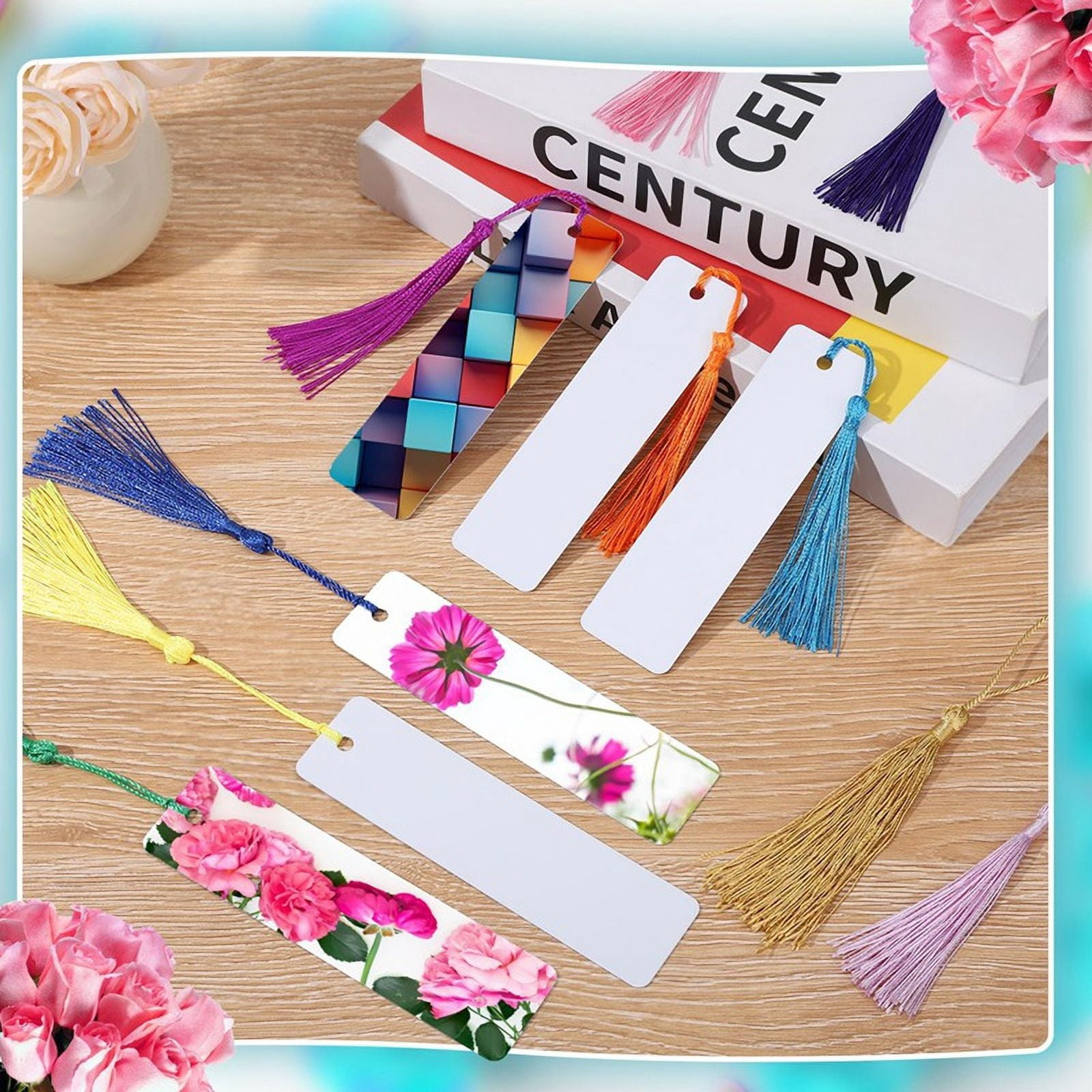 50 Sets Sublimation Blank Bookmarks, DIY Blank Aluminum Metal Bookmarks with Clear Bookmark Sleeves Tassels