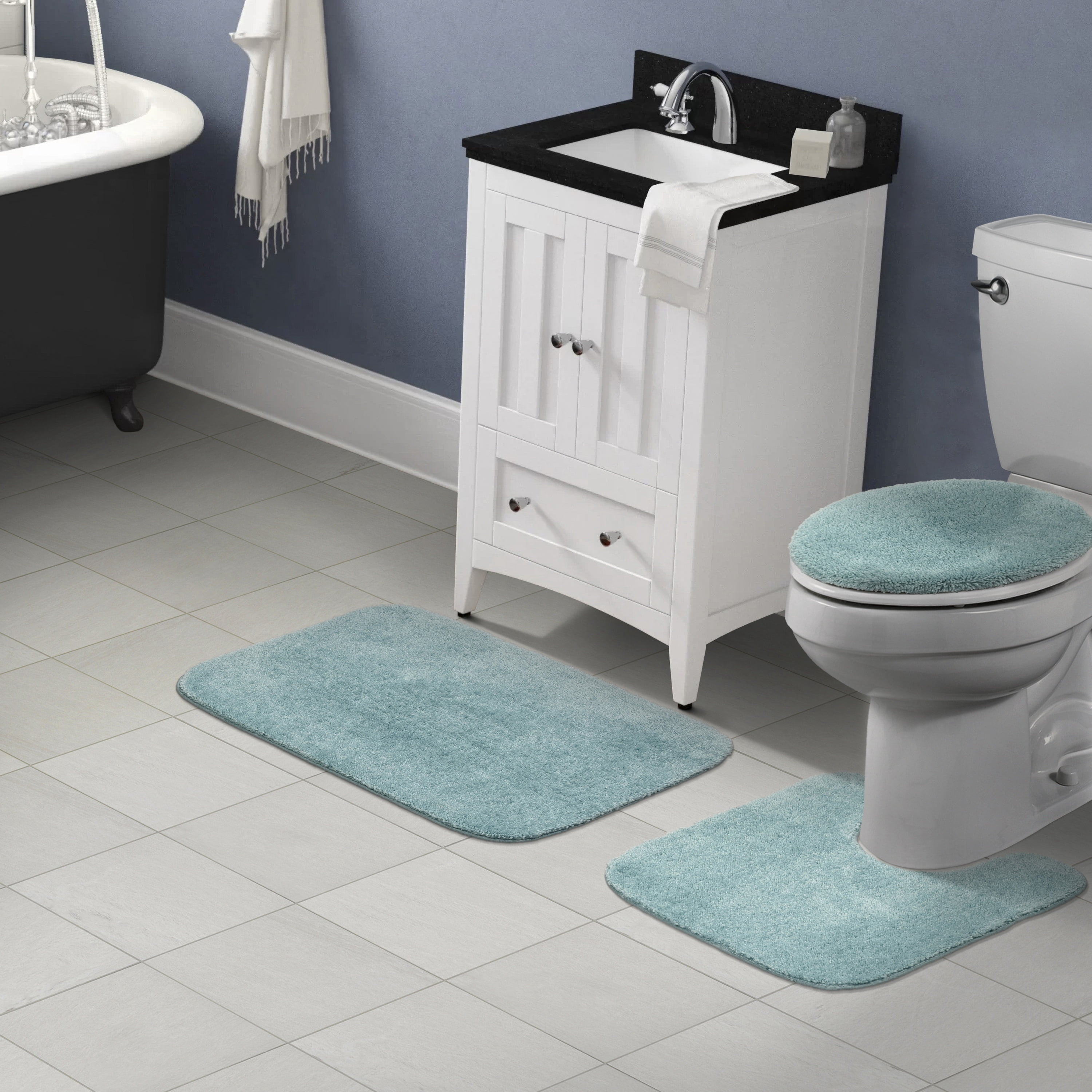 Garland Rug Traditional Washable Bath Rug Set, 3 Piece Set (21"x34" Bath Rug, Contour Rug, & Toilet Lid) Sea Foam