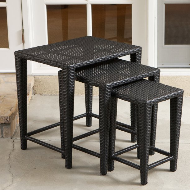 Brady Outdoor Wicker Nested Tables, Set of 3, Black