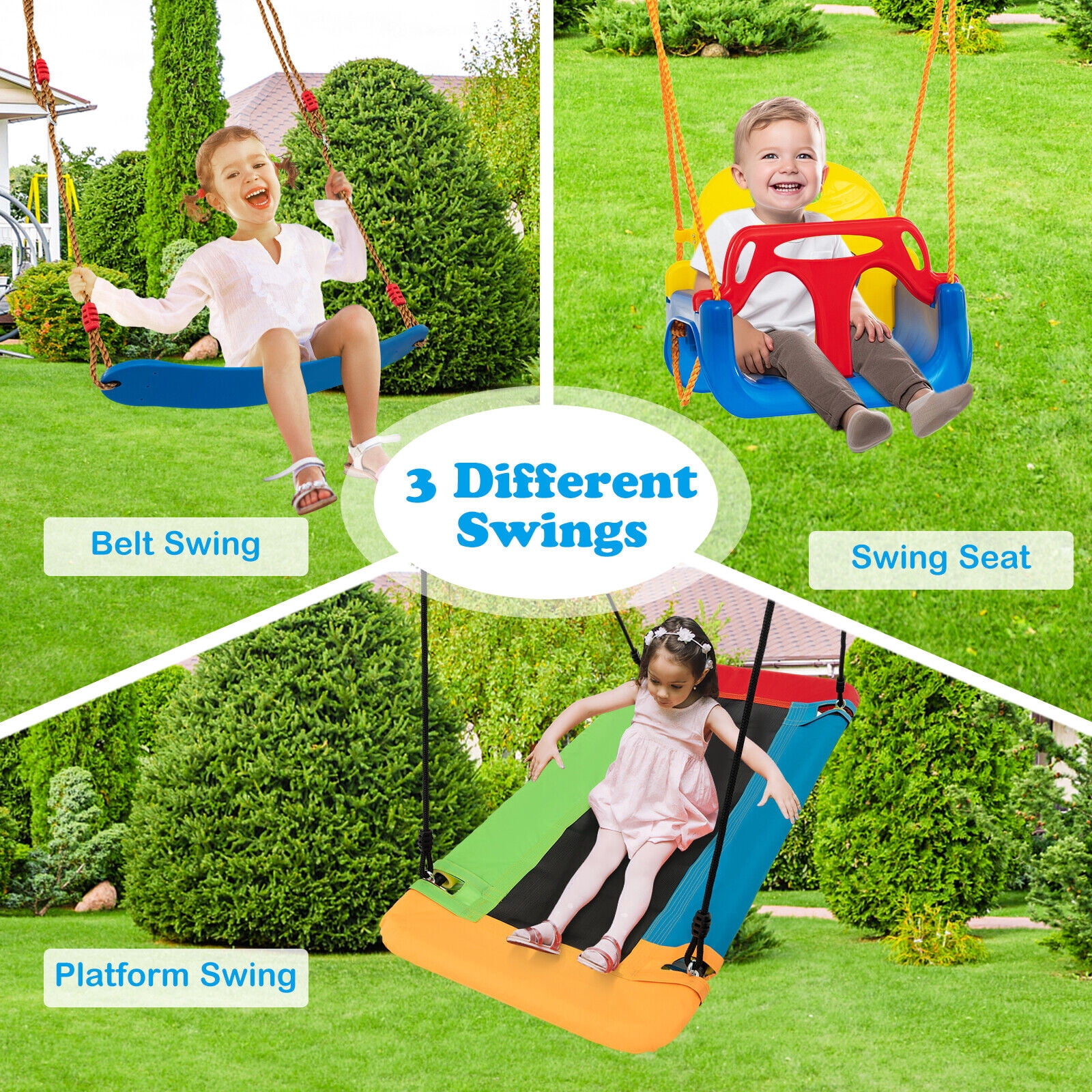 Amijoy 3-in-1 Kids Swing Set, 660 LBS Carbon Steel Swing Frame w/ Belt Swing, Platform Tree Swing & Baby Swing Seat