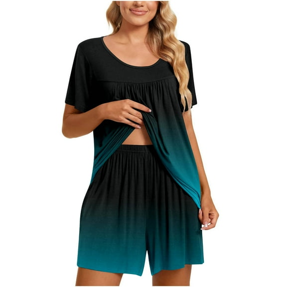 Summer Savings Clearance! yievot Women's Sleepwear Pajama Sets Short Sleeve Two Piece Loungewear Round Neck Tunic Tops & Shorts