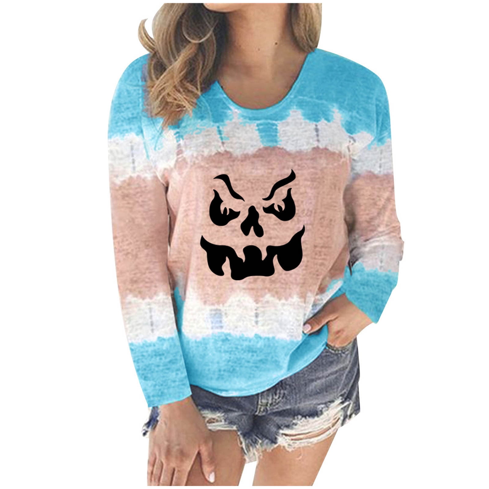 Meikosks Womens Plus Size Tie-dye Printing T Shirt Long Sleeves Blouse Tops Love Graphic Pullover 