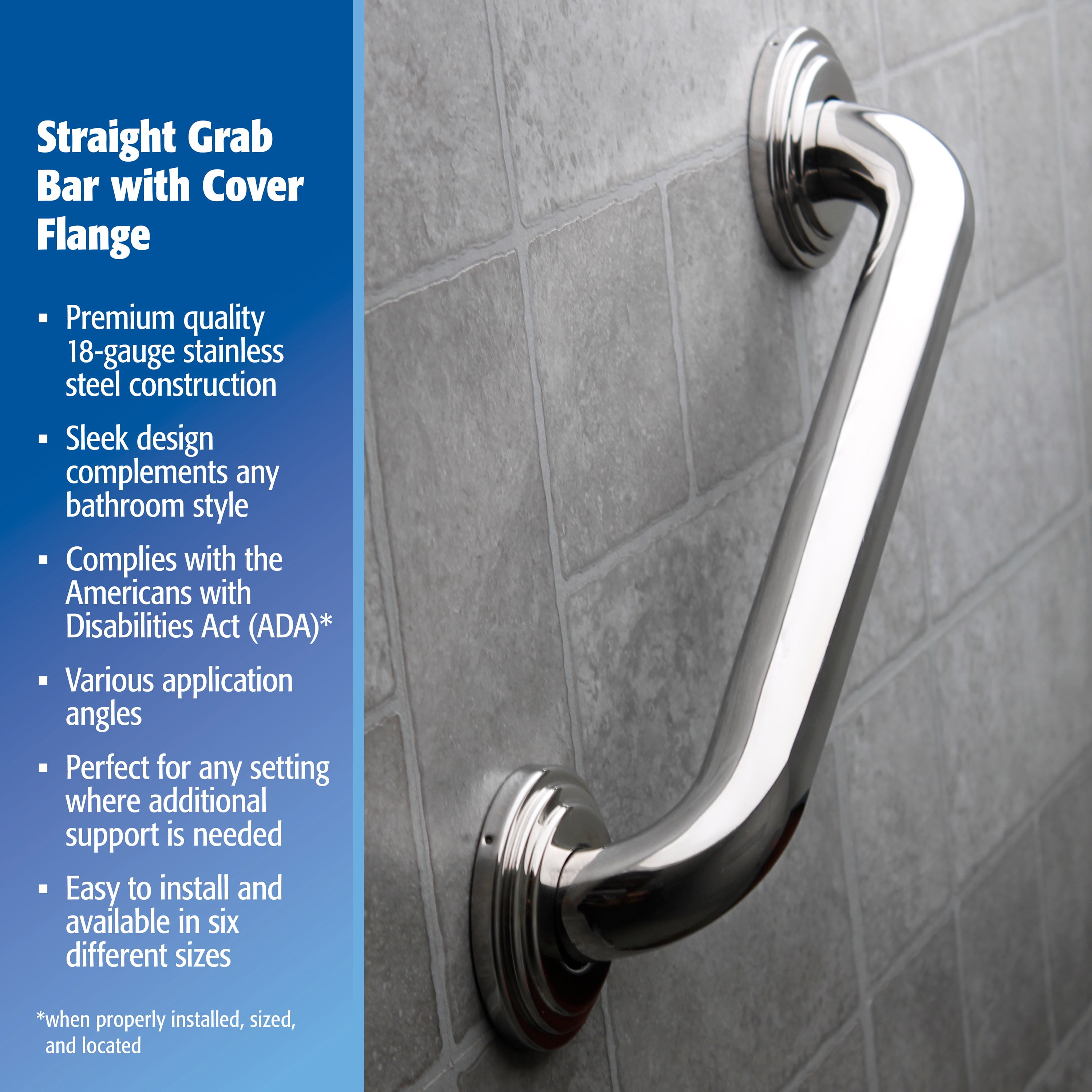 Keeney 901PS-DF1 1.25 x 16 in. Polished Stainless Steel Grab Bar with Designer Flange