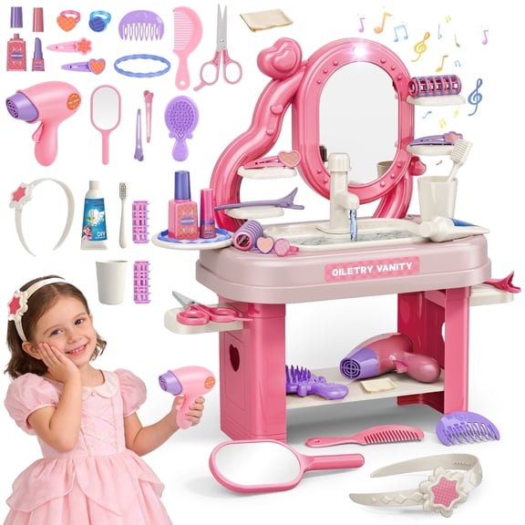 UUSUOO Kids Vanity Set with Mirror,40PCS Toddler Vanity Set Makeup Table for Kids, Girls Vanity with Mirror & Lights & Music & Makeup Accessories,Christmas Birthday Toy Gift for Girls Age 3-6