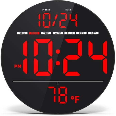 Digital Wall Clock with Large LED Display, Date, Temperature, Auto-Brightness | Small [PLUG-IN] Clock | Modern Electric Wall Clock for Bedroom, Classroom, Living Room, Home, Office, Farmhouse – Red